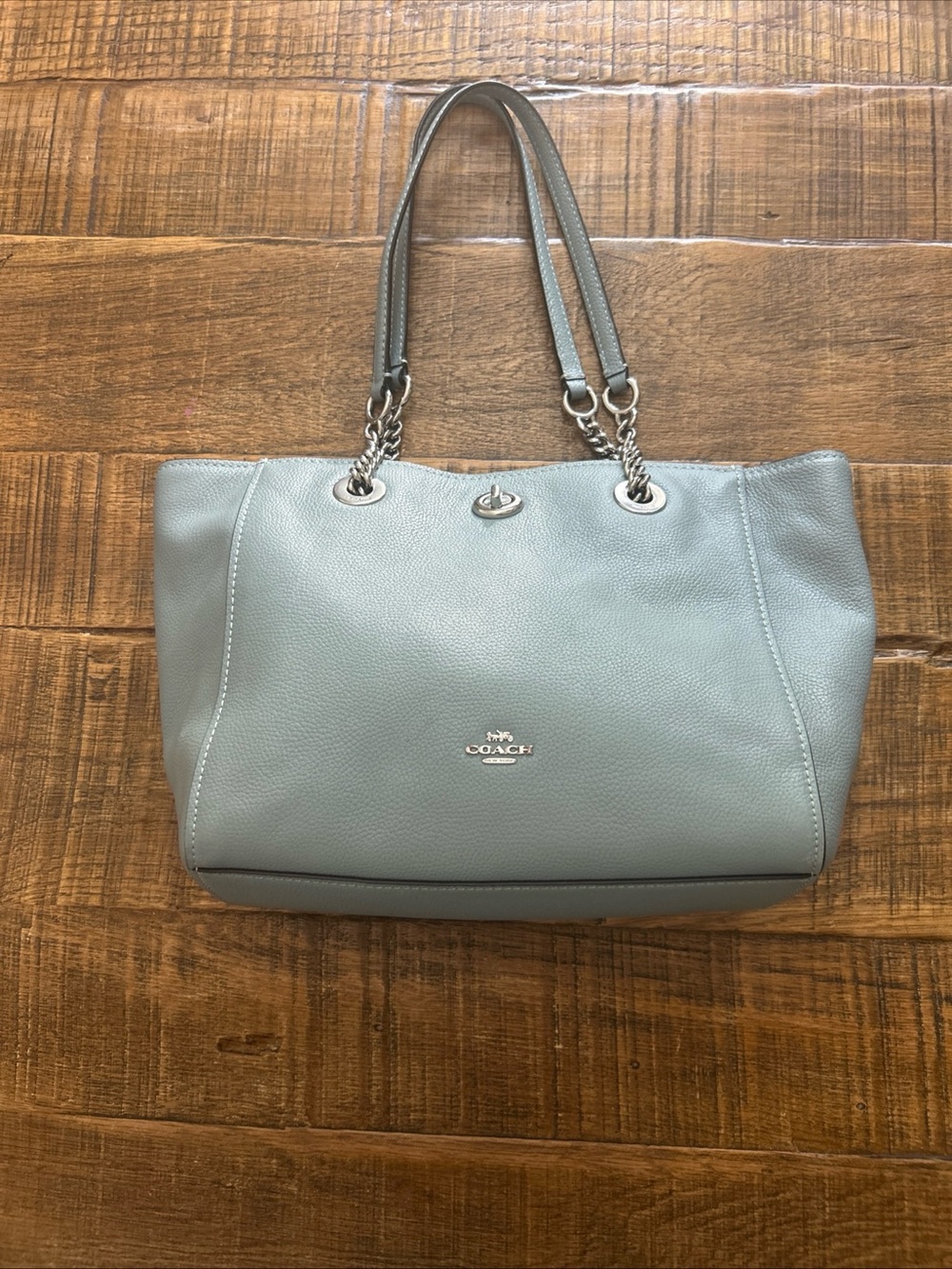 Coach Pebbled Leather Tote in Pale Blue with Silver Hardware